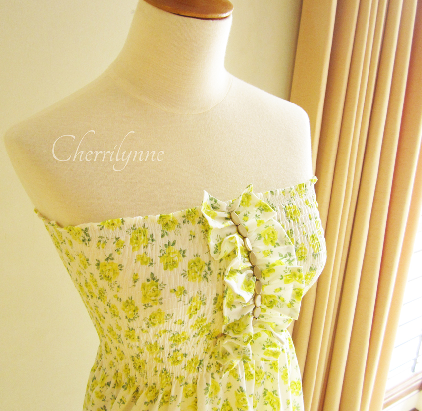 Smocked Dress With Ruffles And Beads Lime Green Japanese Cotton Floral Print