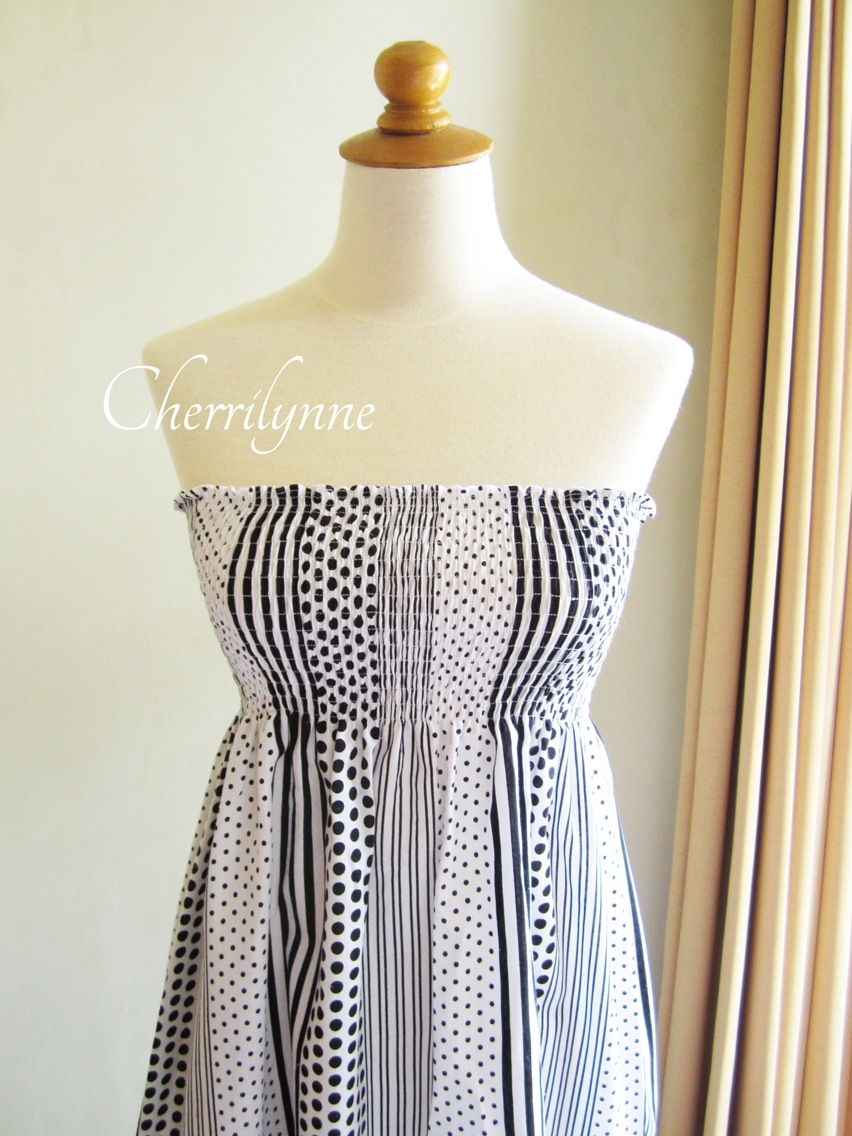 Summer Dress - Strapless Smocked Cotton Tube Dress Polkadot Stripes Pattern With Ruffles