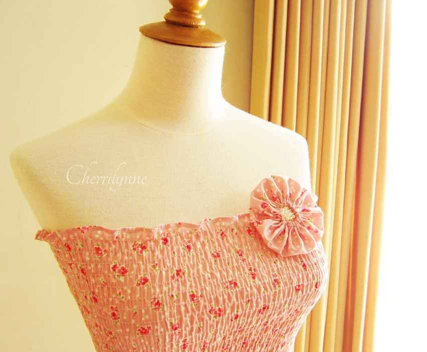 Summer Dress Pink Floral Print Japanese Cotton With Fabric Flower Brooch